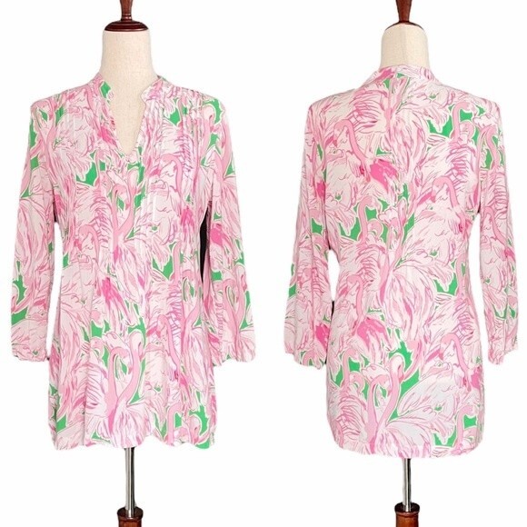 Lilly Pulitzer Tops - Lilly Pulitzer Pink Flamingos 3/4 Sleeve Tunic Tropical Print Women’s Size Small